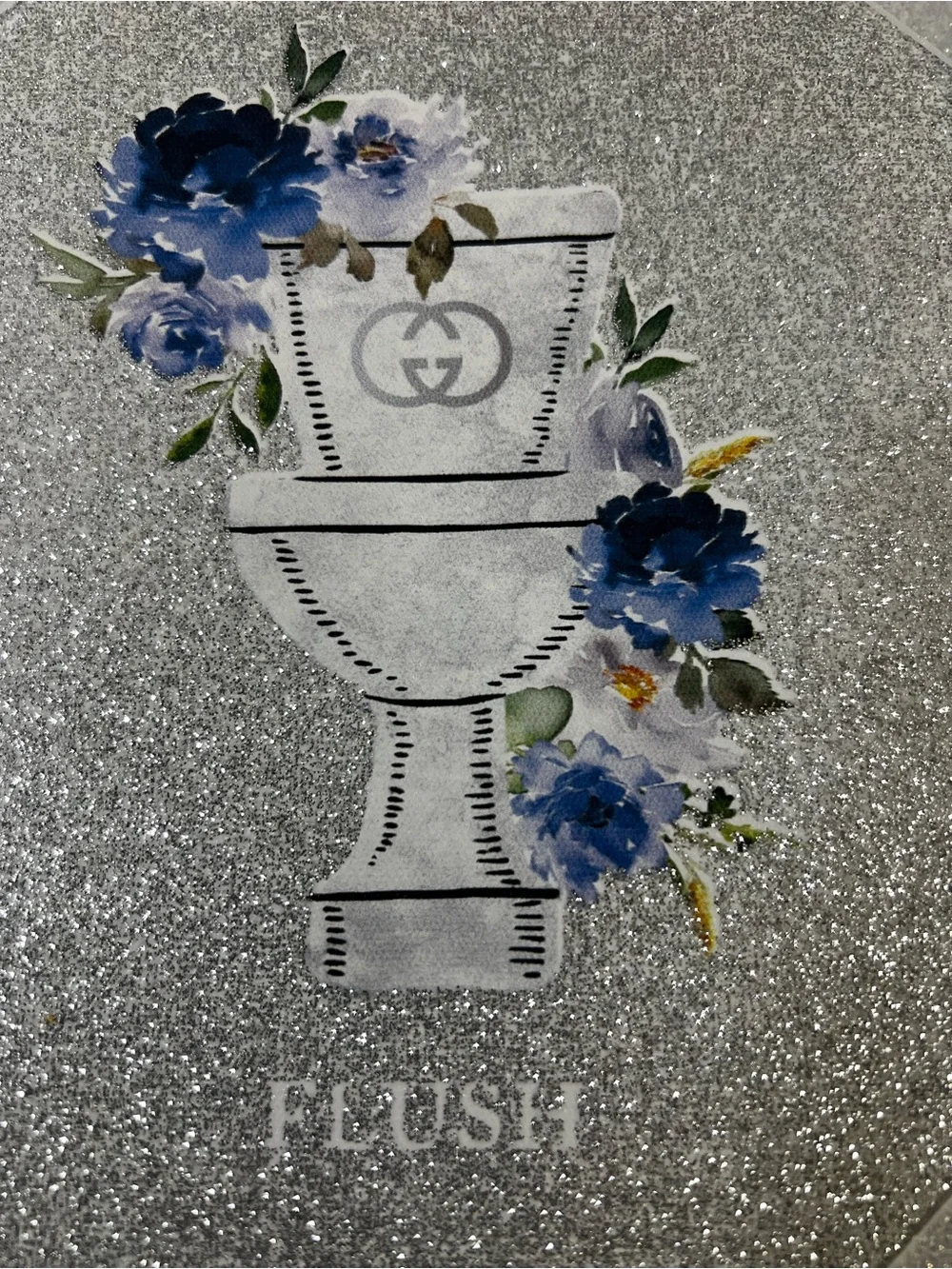 Crystal Luxe Decor Bathroom Accent Silver Glitter Triptych w/ Blue Floral Motif